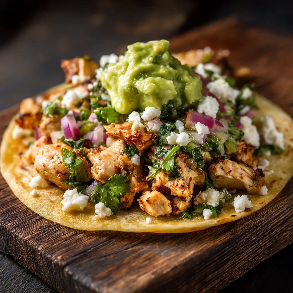 A side-angle, detailed photo of a chicken street taco, showing the layers of seasoned chicken, fresh guacamole, and crumbled cotija cheese. (Chicken Street Tacos)