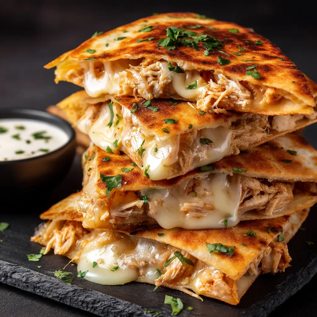 Extreme close-up shot of golden-brown Hot Honey Chicken Quesadillas, with gooey melted white cheese oozing from the sides and sprinkled with cilantro.