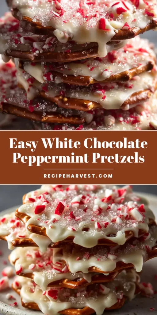 An overhead shot of White Chocolate Peppermint Pretzels scattered on a surface, with some stacked neatly.