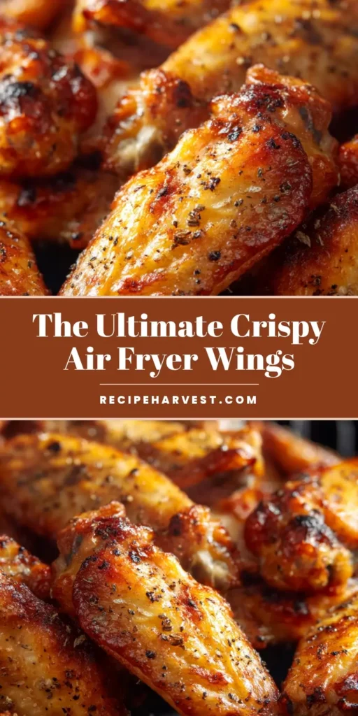 A close-up overhead shot of perfectly crispy, golden-brown Air Fryer Chicken Wings, sizzling in a black air fryer basket and seasoned with black pepper.