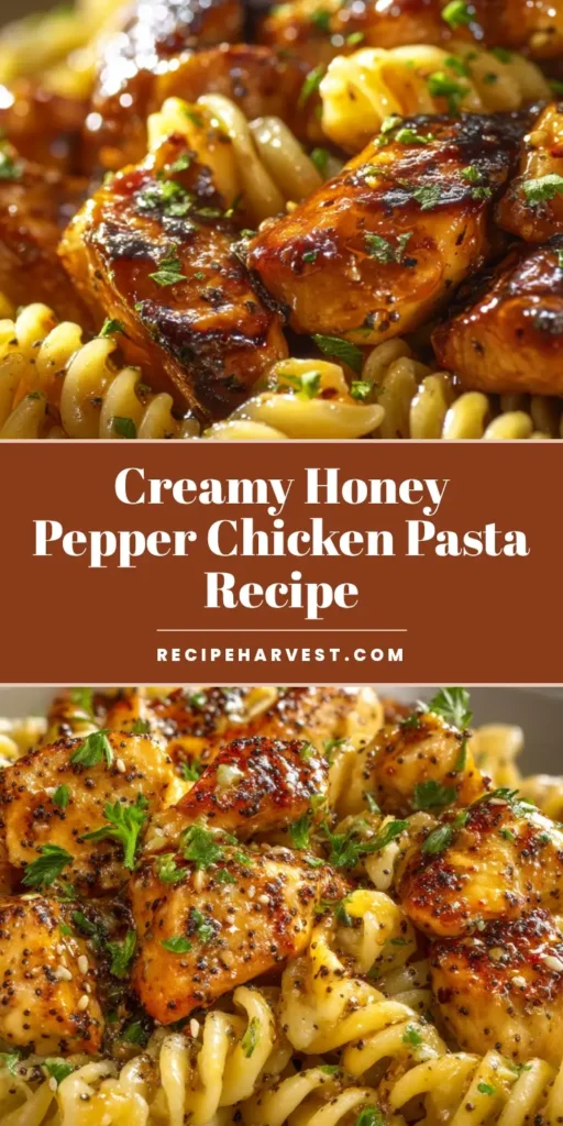 A delectable bowl of Honey Pepper Chicken Pasta, featuring glossy chicken pieces, rotini pasta, and a garnish of fresh parsley and black pepper.