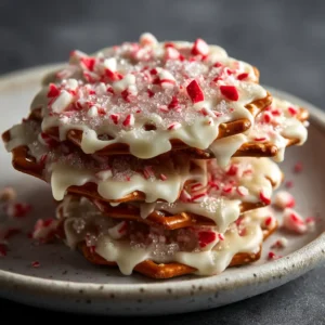 An extreme close-up of a neat stack of round White Chocolate Peppermint Pretzels. The glossy chocolate and crushed candy canes are clearly visible against a dark background.