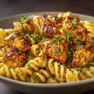 An extreme close-up shot of Honey Pepper Chicken Pasta in a shallow bowl, highlighting the detailed texture of the glossy glazed chicken and rotini.