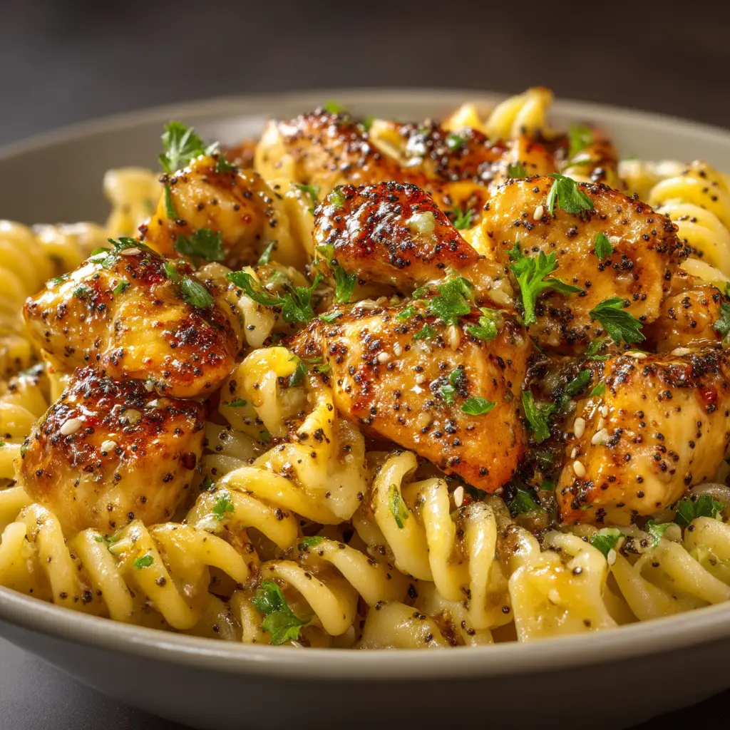 An extreme close-up shot of Honey Pepper Chicken Pasta in a shallow bowl, highlighting the detailed texture of the glossy glazed chicken and rotini.