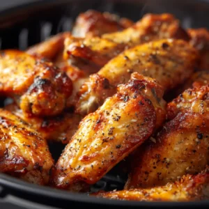 An overhead view of golden-brown and crispy air fryer chicken wings arranged neatly in a black air fryer basket, showing their detailed texture under bright lighting.