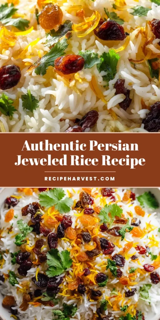 An overhead shot of authentic Persian Jeweled Rice served in a white bowl, highlighting the golden saffron rice, dark raisins, and candied orange peel.