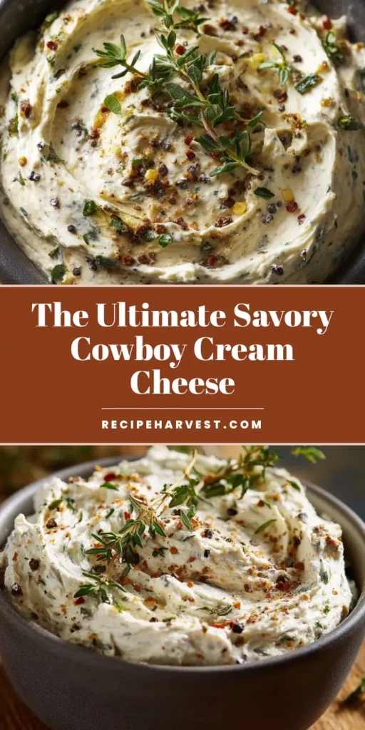 An overhead shot of rustic Cowboy Cream Cheese dip in a dark gray bowl, garnished with fresh thyme and cracked pepper.