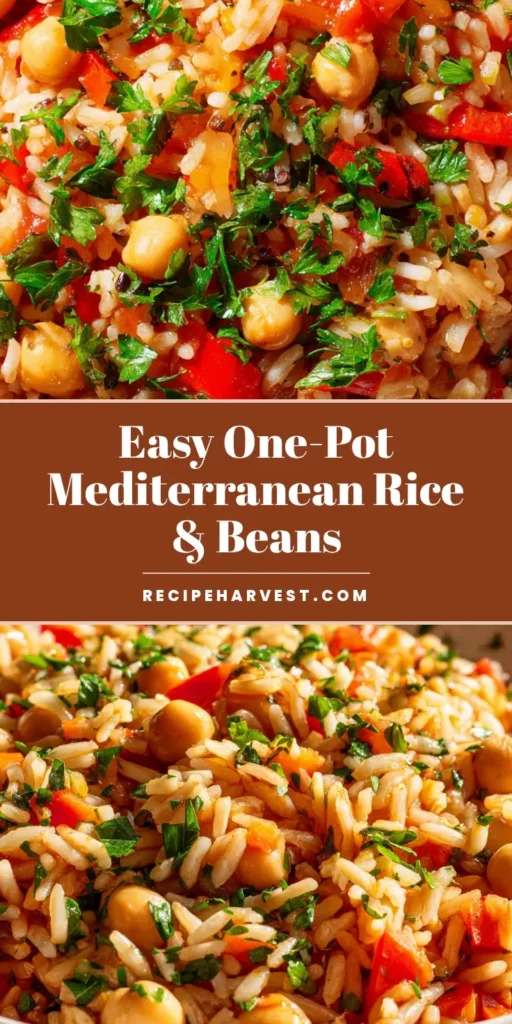 A top-down shot of a white ceramic bowl filled with Mediterranean Rice and Beans, featuring fluffy rice, chickpeas, and fresh parsley.