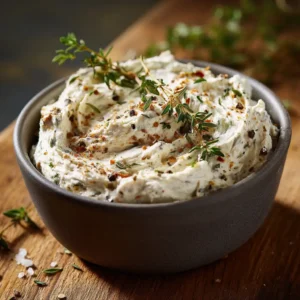 A close-up, textured view of whipped Cowboy Cream Cheese, showing visible herbs and spices in a matte ceramic bowl.