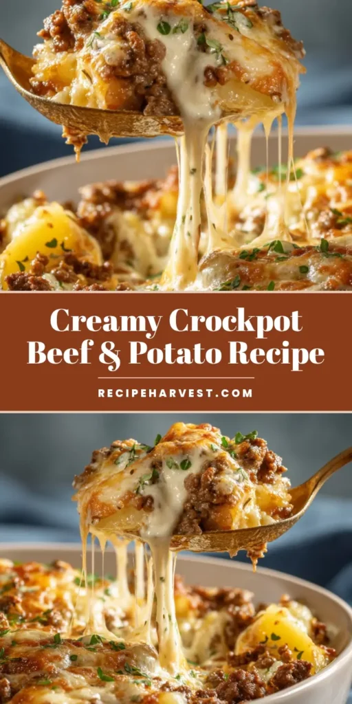 A spoonful of Crockpot Ground Beef and Potato casserole being lifted, showing a creamy texture and a dramatic cheese pull. Garnished with fresh herbs.