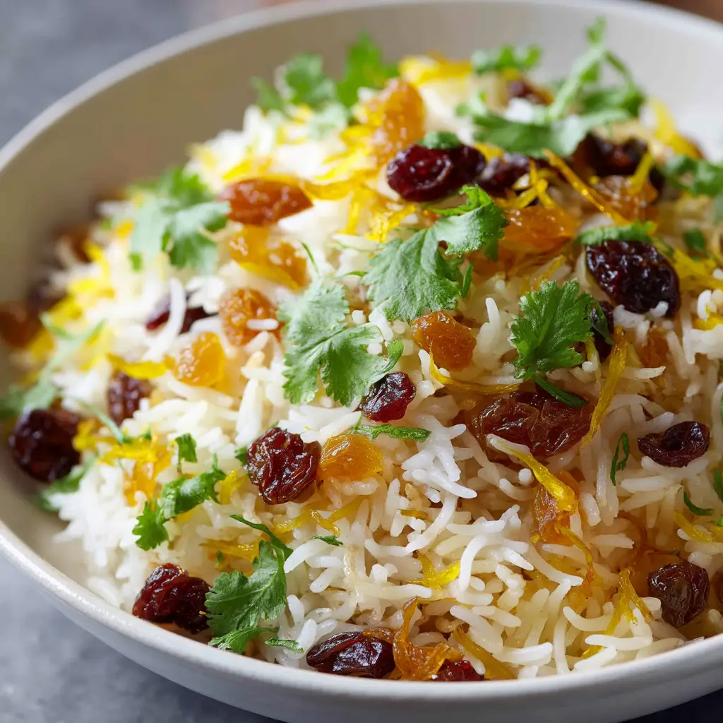 A gourmet presentation of Persian Jeweled Rice in a shallow white ceramic bowl, showcasing the distinct white and golden saffron-colored grains.