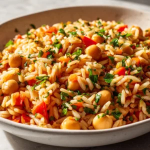 A hyper-realistic macro photograph of Mediterranean Rice and Beans in a white bowl, showing the glossy texture of the tomato-coated rice, chickpeas, cannellini beans, and diced red pepper.