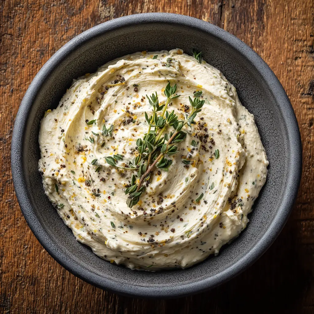 A dramatic side-lit shot of a bowl of Cowboy Cream Cheese on a natural wood surface, ready to be served.