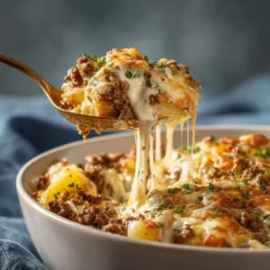 Extreme close-up of a spoonful of Crockpot Ground Beef and Potato, highlighting the seasoned ground beef, tender potatoes, and rich cheese sauce.