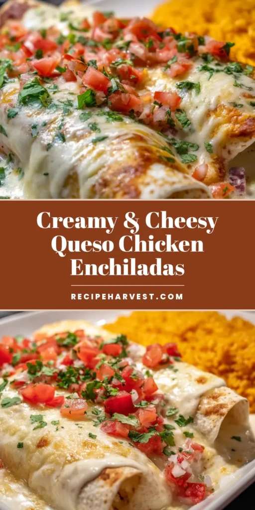 A close-up, eye-level shot of creamy Queso Chicken Enchiladas on a white rectangular plate, generously covered in a thick, velvety white queso sauce with golden-brown baked spots and garnished with diced red tomatoes and fresh green cilantro.