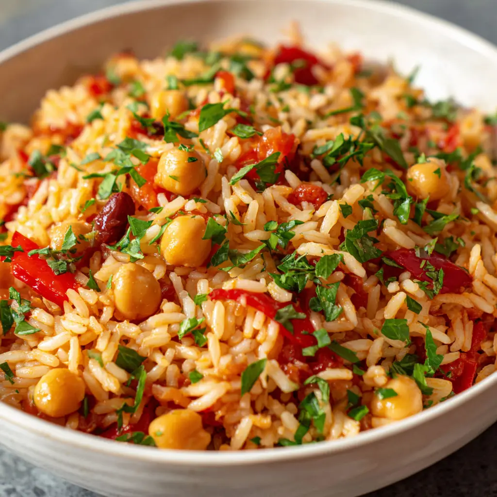 A different angle of the savory Mediterranean rice pilaf, showcasing the abundance of freshly chopped parsley scattered throughout the dish.