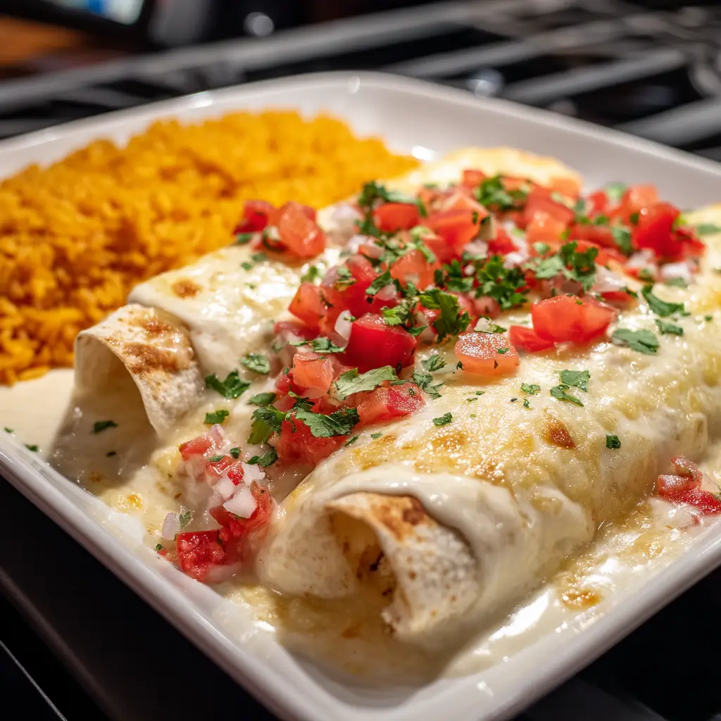 Two Queso Chicken Enchiladas on a white plate, showcasing the thick, velvety white cheese sauce and fresh garnishes of tomato and cilantro. A side of Mexican rice is visible next to them.