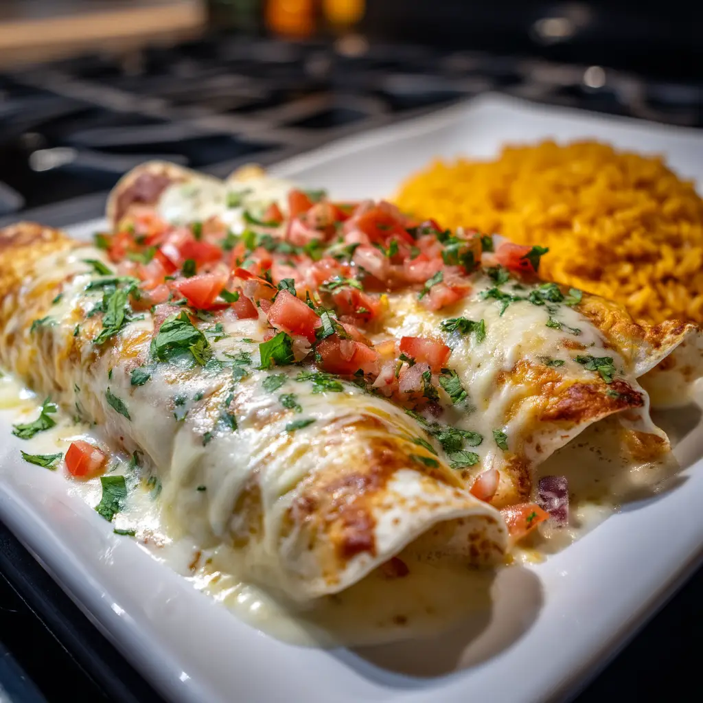 A detailed shot of the creamy queso sauce on the baked chicken enchiladas, showing the golden-brown spots and melted texture.