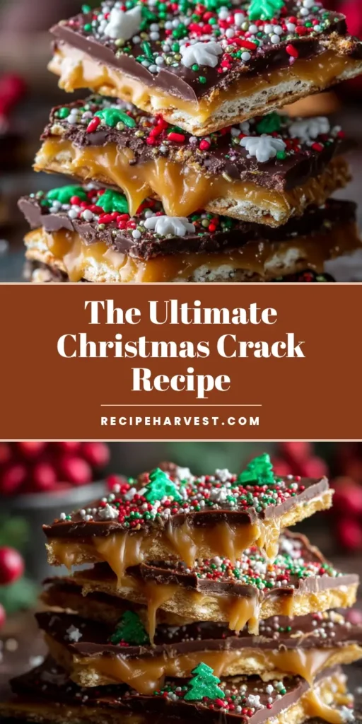 The Ultimate Christmas Crack Recipe (Saltine Toffee Perfection) 4 A shareable pin image with text overlay for the ultimate Christmas Crack Recipe, showing stacked pieces of saltine toffee bark.