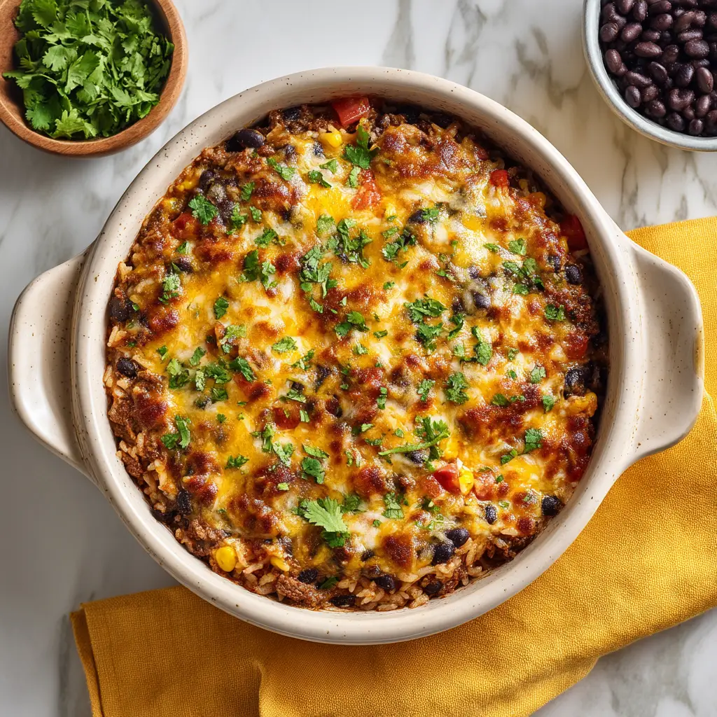 A vibrant overhead view of a finished Mexican Ground Beef Casserole, showcasing the bubbly golden-brown cheese and fresh cilantro garnish.