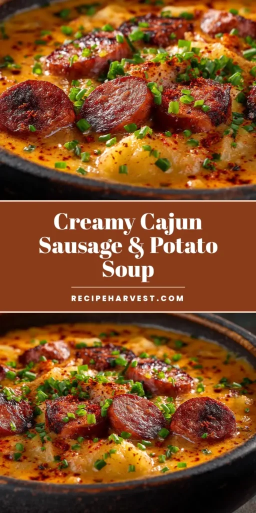 A rustic dark stoneware bowl filled with creamy Cajun Sausage and Potato Soup, garnished with green chives.