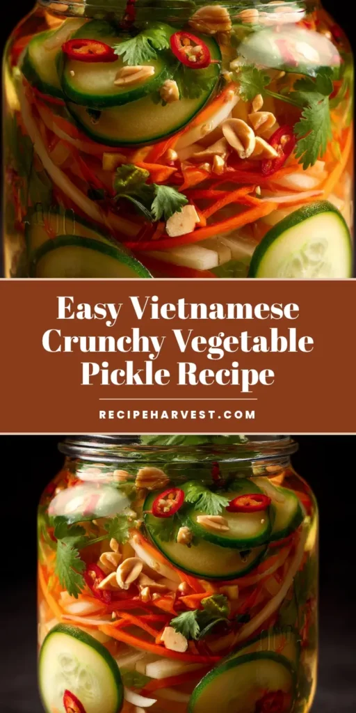 A close-up of Vietnamese vegetable pickle in a glass jar, highlighting the texture of shredded carrots, daikon, and sliced cucumber, garnished with cilantro and peanuts.