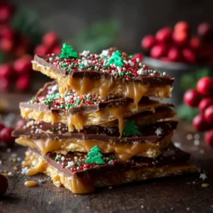An extreme close-up of a stack of Christmas Crack, showing the distinct layers of saltine crackers, gooey toffee, and thick milk chocolate with festive sprinkles. (Christmas Crack Recipe)