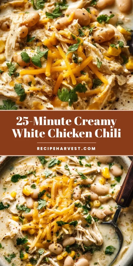 White Chicken Chili: The Ultimate Guide to a Thick & Creamy Bowl of Comfort 4 An overhead view of a rustic white bowl filled with creamy white chicken chili, topped with melted cheddar, cilantro, and black pepper. A wooden spoon rests inside.