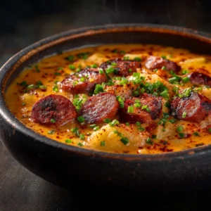 A dramatic close-up of Cajun Sausage and Potato Soup in a dark bowl, highlighting the creamy texture and seared sausage.