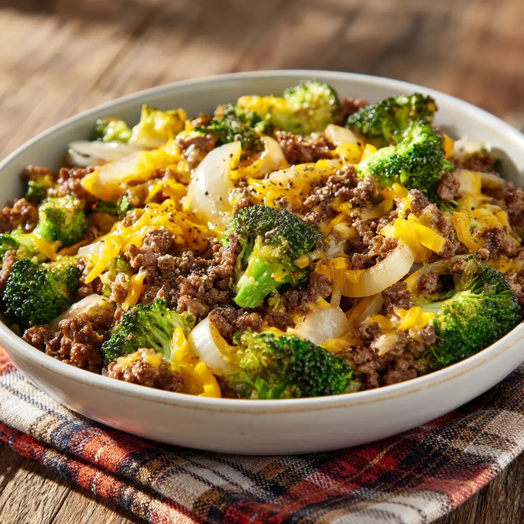 A serving of the keto hamburger and broccoli meal in a shallow white ceramic bowl, placed on a rustic plaid napkin to highlight its fresh textures.