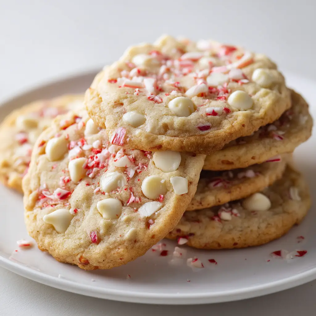 White Chocolate Peppermint Cookies: The Ultimate Chewy Holiday Treat 1 A minimalist and festive scene featuring a stack of White Chocolate Peppermint Cookies on a clean white plate, ready for serving.