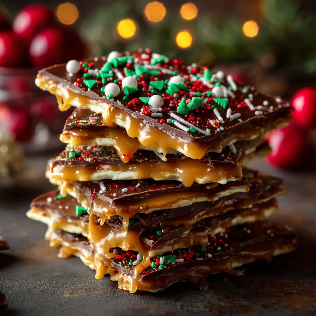 The Ultimate Christmas Crack Recipe (Saltine Toffee Perfection) 1 A detailed food photography shot of Christmas Crack, with golden toffee dripping down the side of a piece against a dark, rustic background.