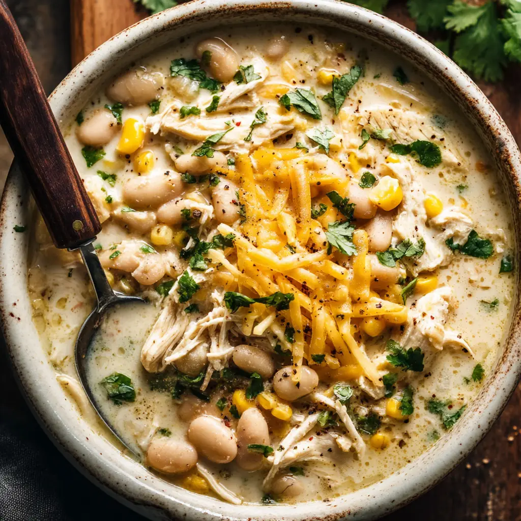 White Chicken Chili: The Ultimate Guide to a Thick & Creamy Bowl of Comfort 2 Extreme close-up overhead shot of a thick and creamy white chicken chili in a rustic white bowl, showing shredded chicken, beans, and corn.