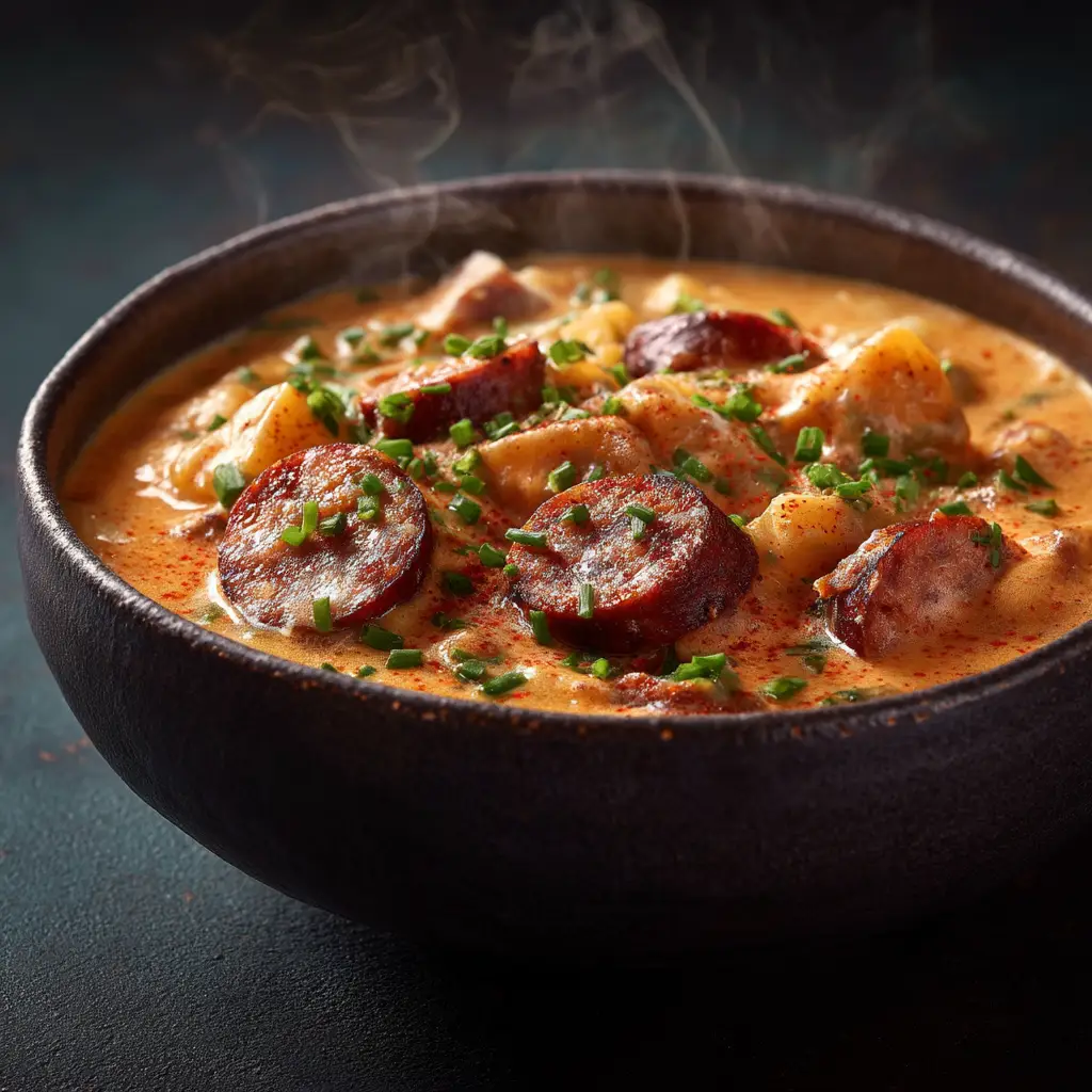 An overhead shot of a bowl of Cajun Sausage and Potato Soup, showing the chunks of potato, slices of sausage, and chive garnish.