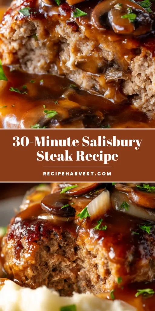 A savory and juicy homemade Salisbury Steak Recipe with rich mushroom and onion gravy served over creamy mashed potatoes, garnished with fresh parsley.