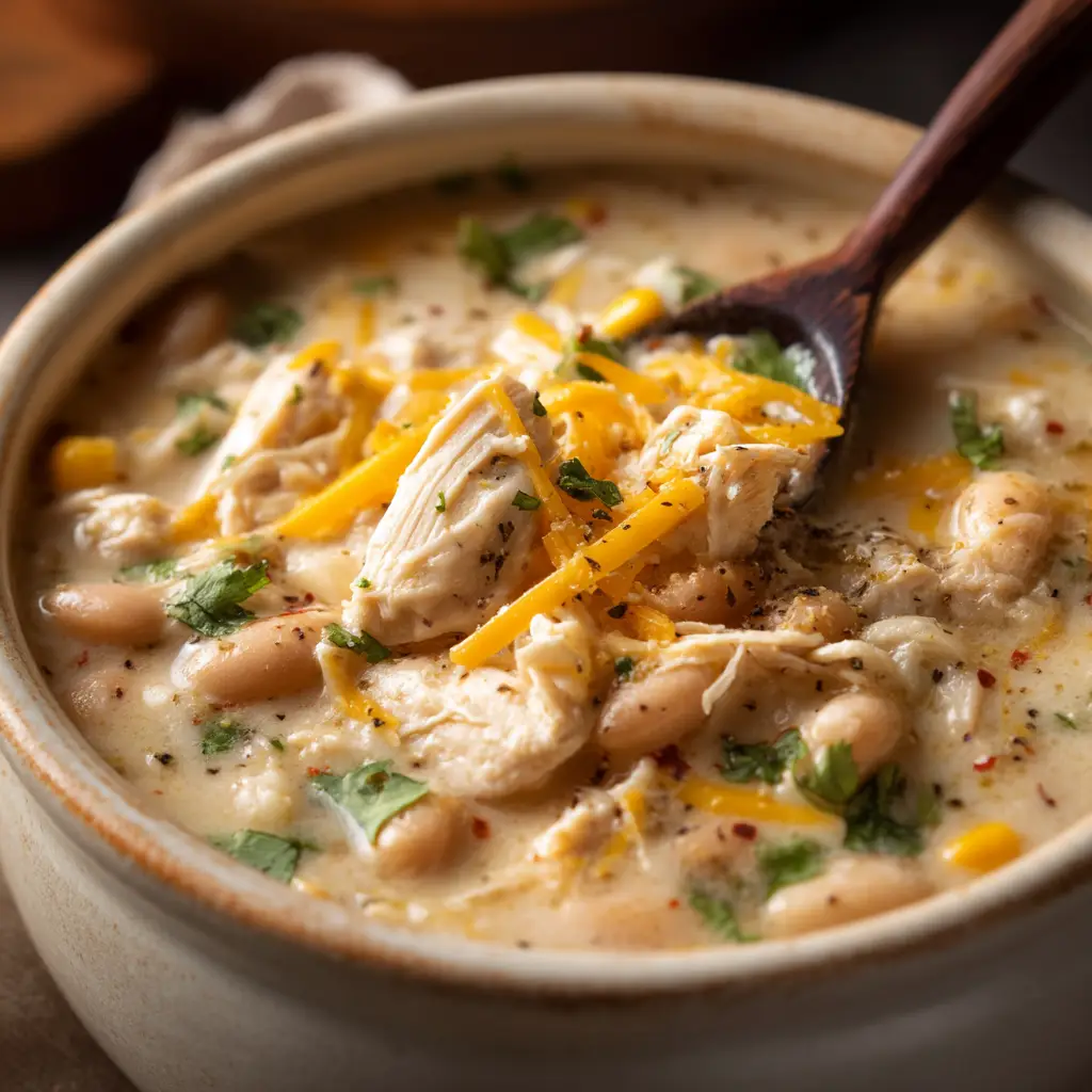 White Chicken Chili: The Ultimate Guide to a Thick & Creamy Bowl of Comfort 1 A dark wooden spoon dipped into a bowl of white chicken chili, highlighting the melted shredded cheddar cheese and fresh cilantro garnish.