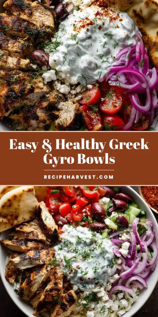 The Ultimate Greek Chicken Gyro Bowls (Meal-Prep Friendly!) 4 A vibrant and delicious Greek Chicken Gyro Bowl with perfectly grilled chicken, fresh tomatoes, feta, and creamy tzatziki sauce on a bed of fluffy rice.