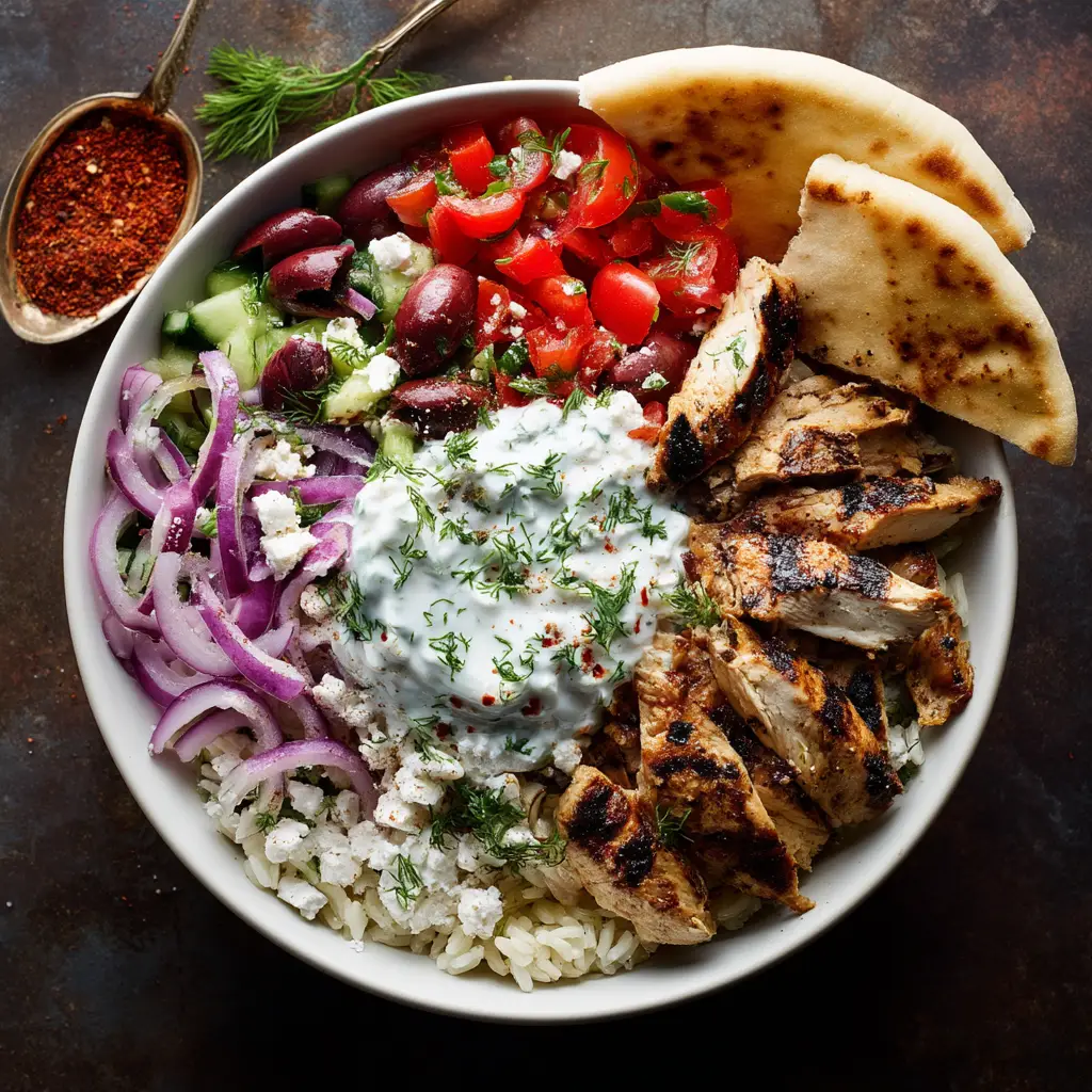 The Ultimate Greek Chicken Gyro Bowls (Meal-Prep Friendly!) 2 A top-down professional food photograph of a Greek chicken gyro bowl in a white bowl, showcasing sections of grilled chicken, diced tomatoes, red onion, olives, and feta.