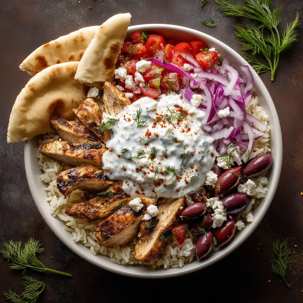 The Ultimate Greek Chicken Gyro Bowls (Meal-Prep Friendly!) 1 A close-up view of a Greek chicken gyro bowl, highlighting the textures of the charred chicken, creamy tzatziki with dill and paprika, and fresh vegetables.