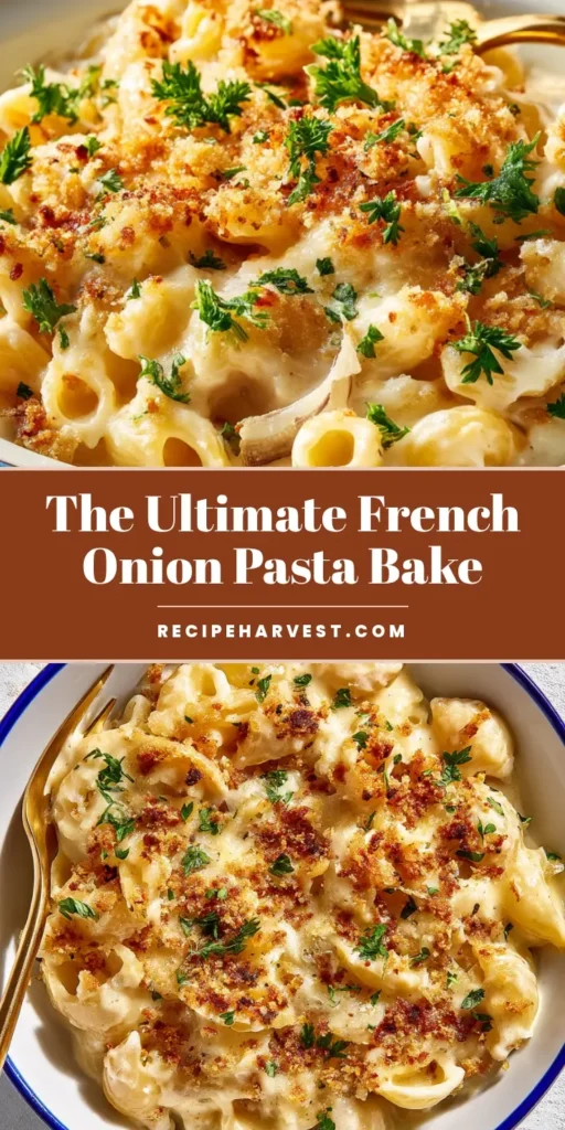 An overhead shot of a creamy French Onion Pasta Bake in a casserole dish, ready to be served. (French Onion Pasta Bake)