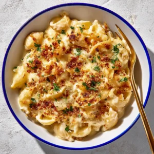 A close-up of a serving of creamy French Onion Pasta Bake in a white bowl with a blue rim, topped with golden breadcrumbs and fresh parsley. A gold fork rests in the dish. (French Onion Pasta Bake)