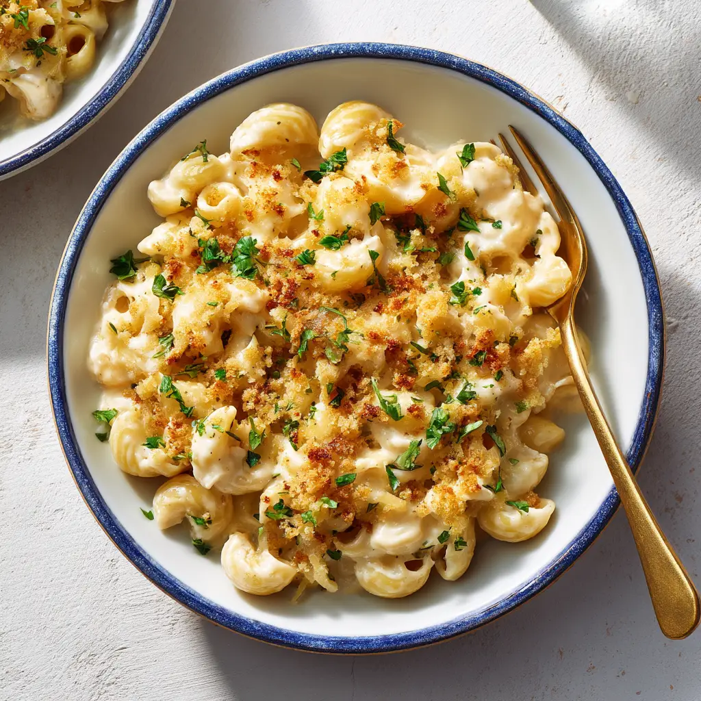 A wider angle of the French Onion Pasta Bake, showing the creamy texture and crispy topping in soft, natural light.
