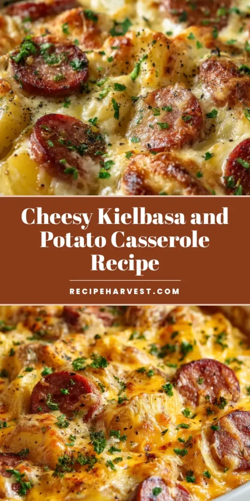 A close-up of a golden-brown and bubbly Kielbasa Potato Casserole in a white baking dish. Slices of seared sausage and tender potatoes are visible under a blanket of melted cheddar cheese, garnished with fresh parsley.