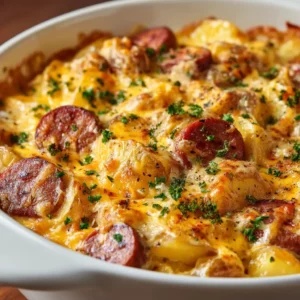 A 45-degree angle shot of a cheesy kielbasa and potato casserole in a white dish, showing the gooey, melted cheddar and seared sausage chunks.
