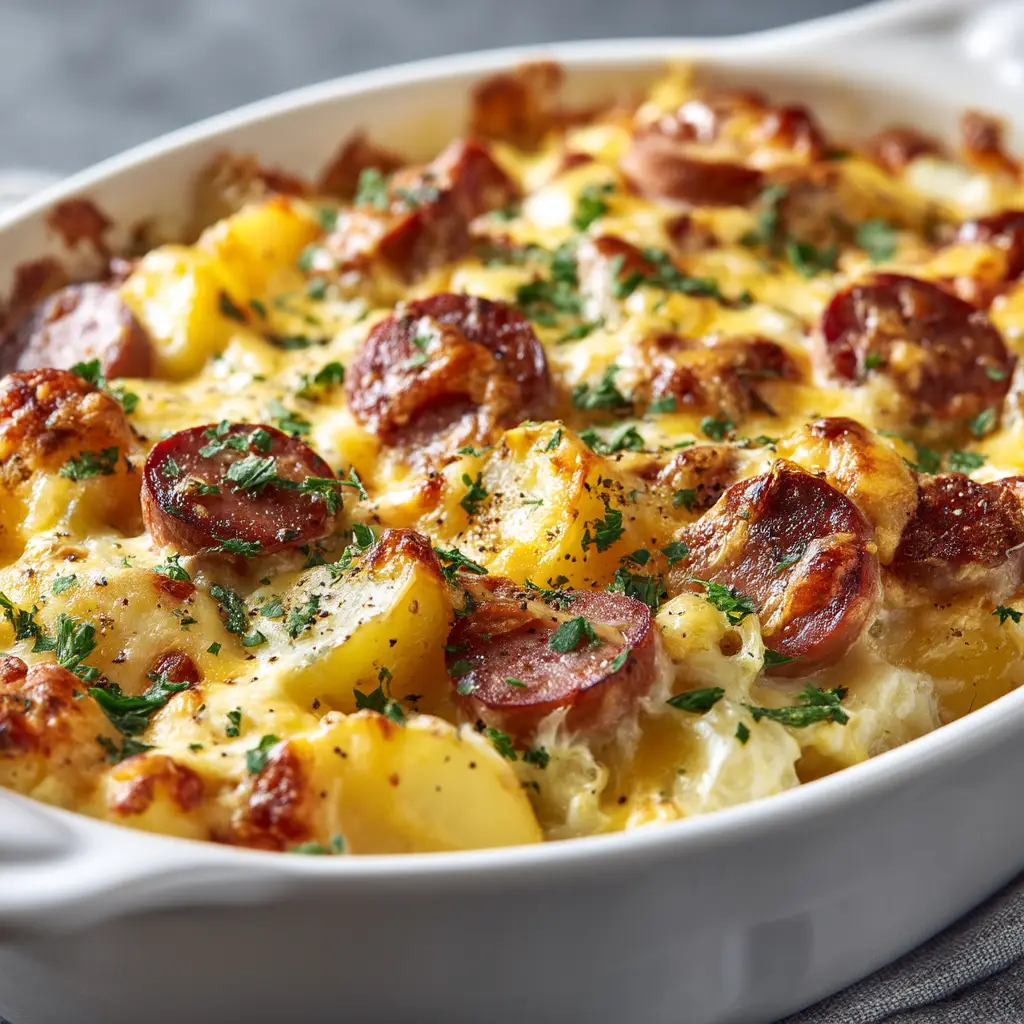 An extreme close-up of the Kielbasa Potato Casserole, emphasizing the texture of the melted cheese, tender potatoes, and fresh parsley garnish.