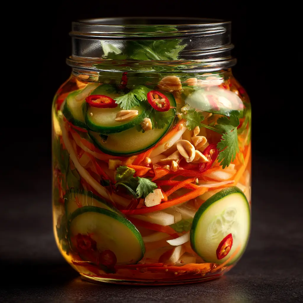 A clear glass mason jar filled with freshly made Vietnamese vegetable pickle, showing sliced red chili peppers and herbs against a dark background.