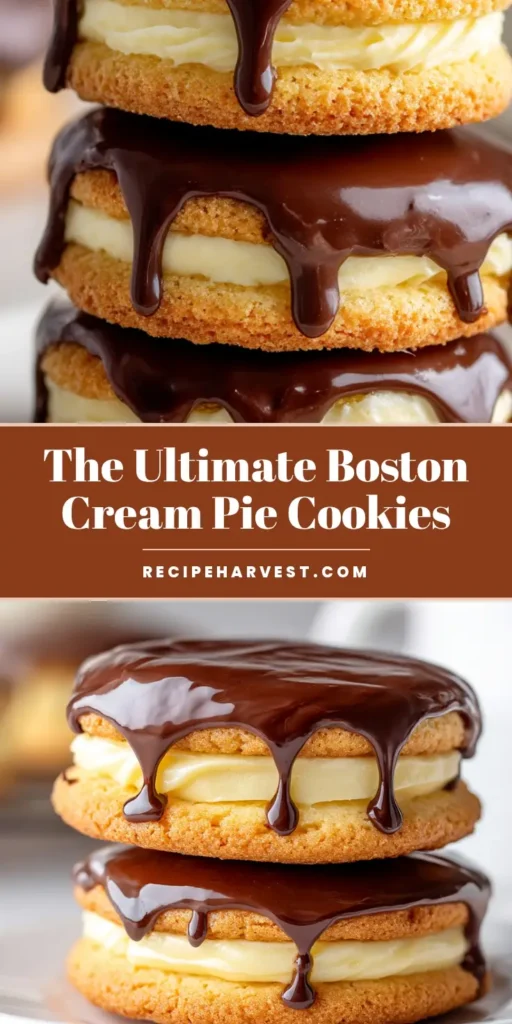 Ultimate Boston Cream Pie Cookies (A Cake Lover's Dream) 4 A tall stack of three homemade Boston Cream Pie Cookies on a white plate. Each cookie features a creamy vanilla filling sandwiched between two golden cookies and is topped with a glossy, dripping dark chocolate ganache.