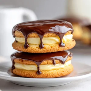 A close-up shot of Boston Cream Pie Cookies, highlighting the thick layer of pale yellow pastry cream and the smooth, dark chocolate glaze on top. The cookies are golden-brown and perfectly soft.