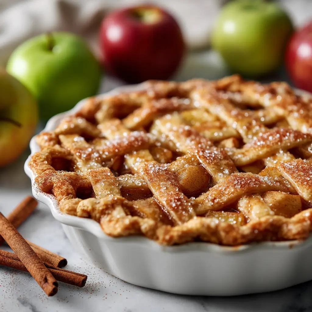 Close-up eye-level shot of a rustic apple pie in a white ceramic dish, showing the sparkling sugar on the lattice crust. (Apple Pie Recipe)