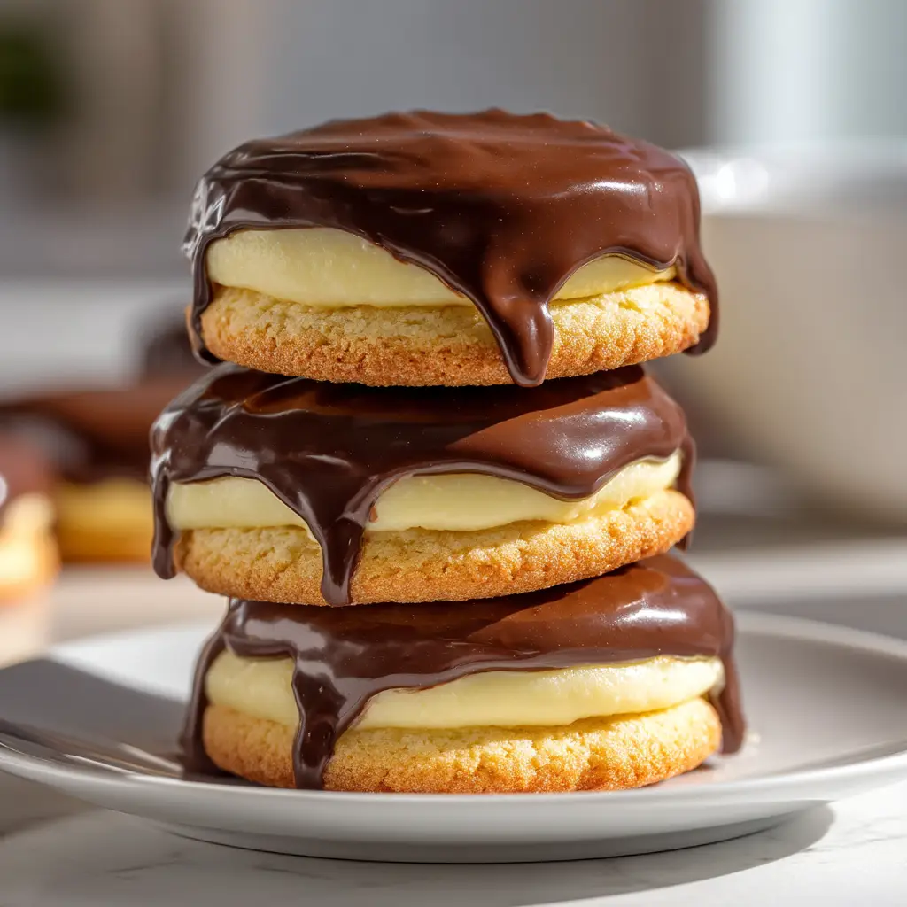 Ultimate Boston Cream Pie Cookies (A Cake Lover's Dream) 1 A stack of Boston Cream Pie Cookies with glossy chocolate ganache dripping elegantly down the sides. The side-lighting showcases the rich textures of the cookie, cream, and chocolate.